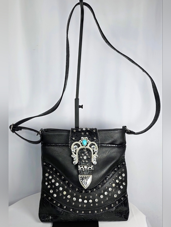 Handbags - estern Rhinestone Studded Crossbody Tote Black Leather Look Bag